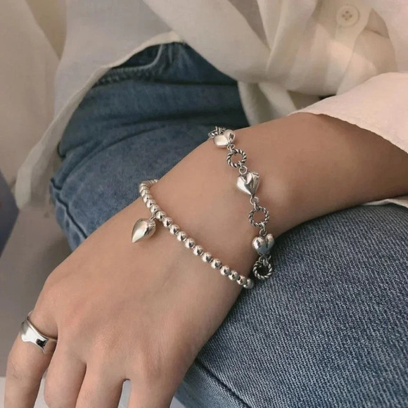 925 Sterling Silver Chunky Heart Bracelet Dangle Heart Link Bracelet - Picture 3 of 6